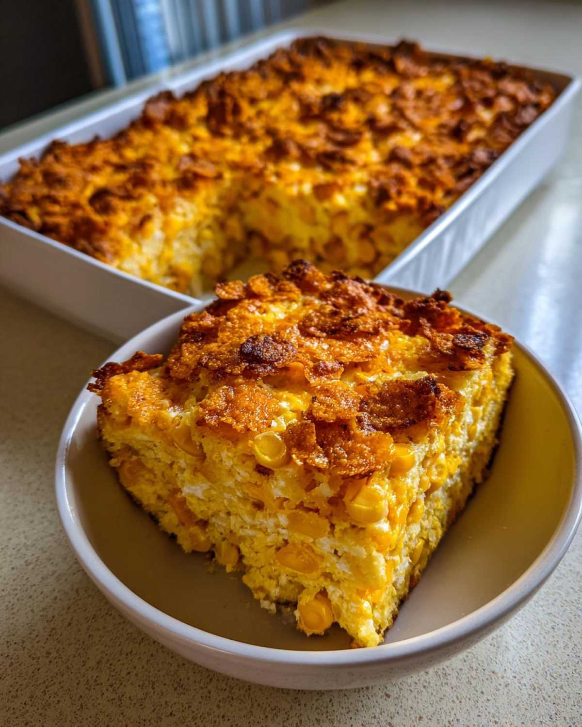 A square slice of rich, yellow cream cheese corn casserole with whole corn kernels and a crispy, browned topping.