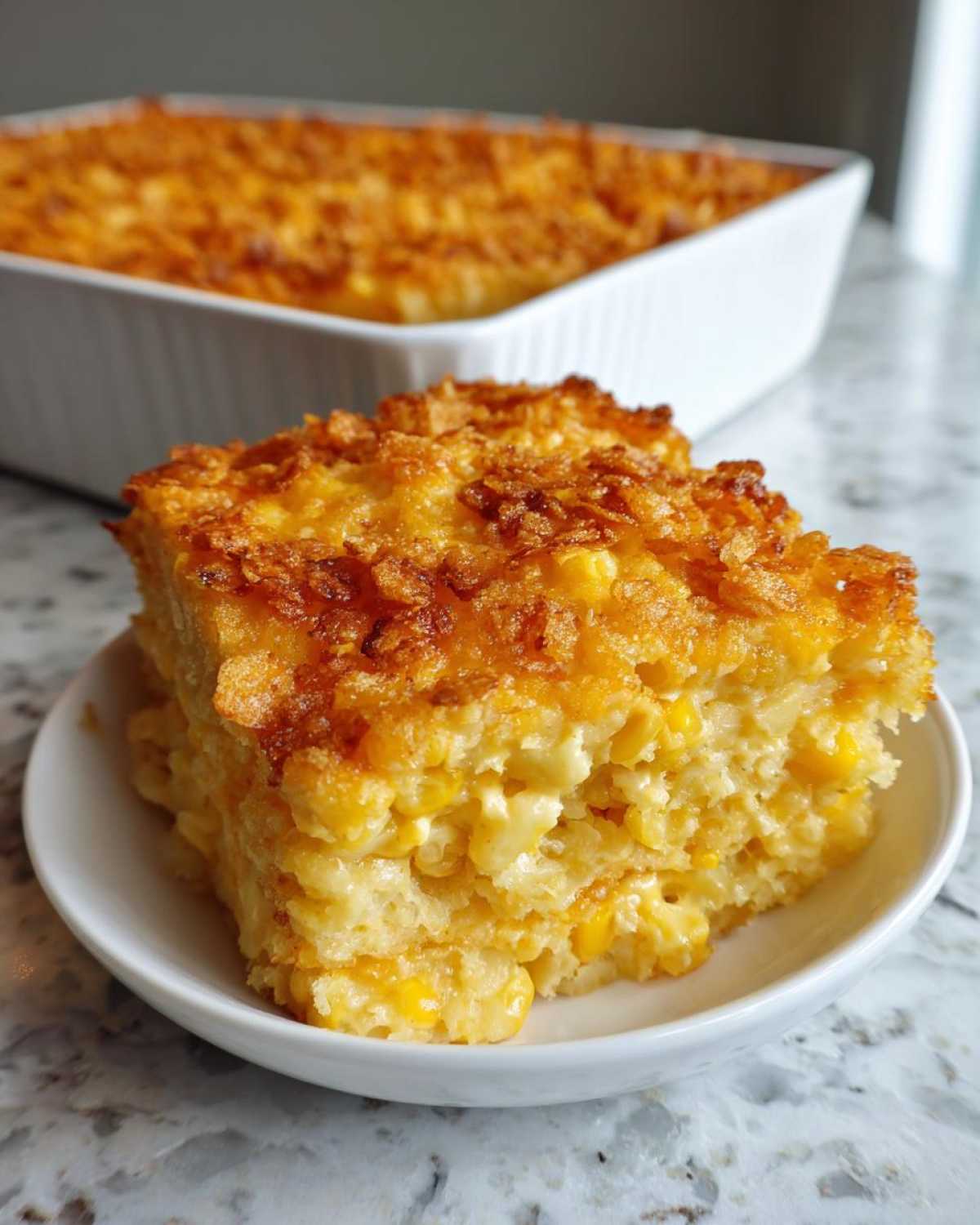A square serving of rich cream cheese corn casserole with a golden, crispy topping, served on a small white plate.