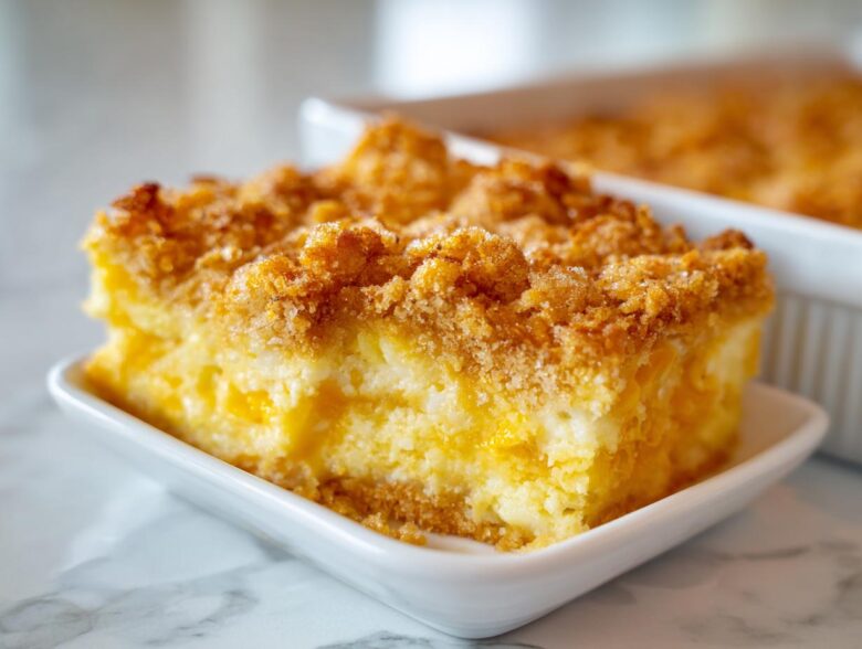 A close-up of a square slice of rich cream cheese corn casserole with a golden, crunchy topping.