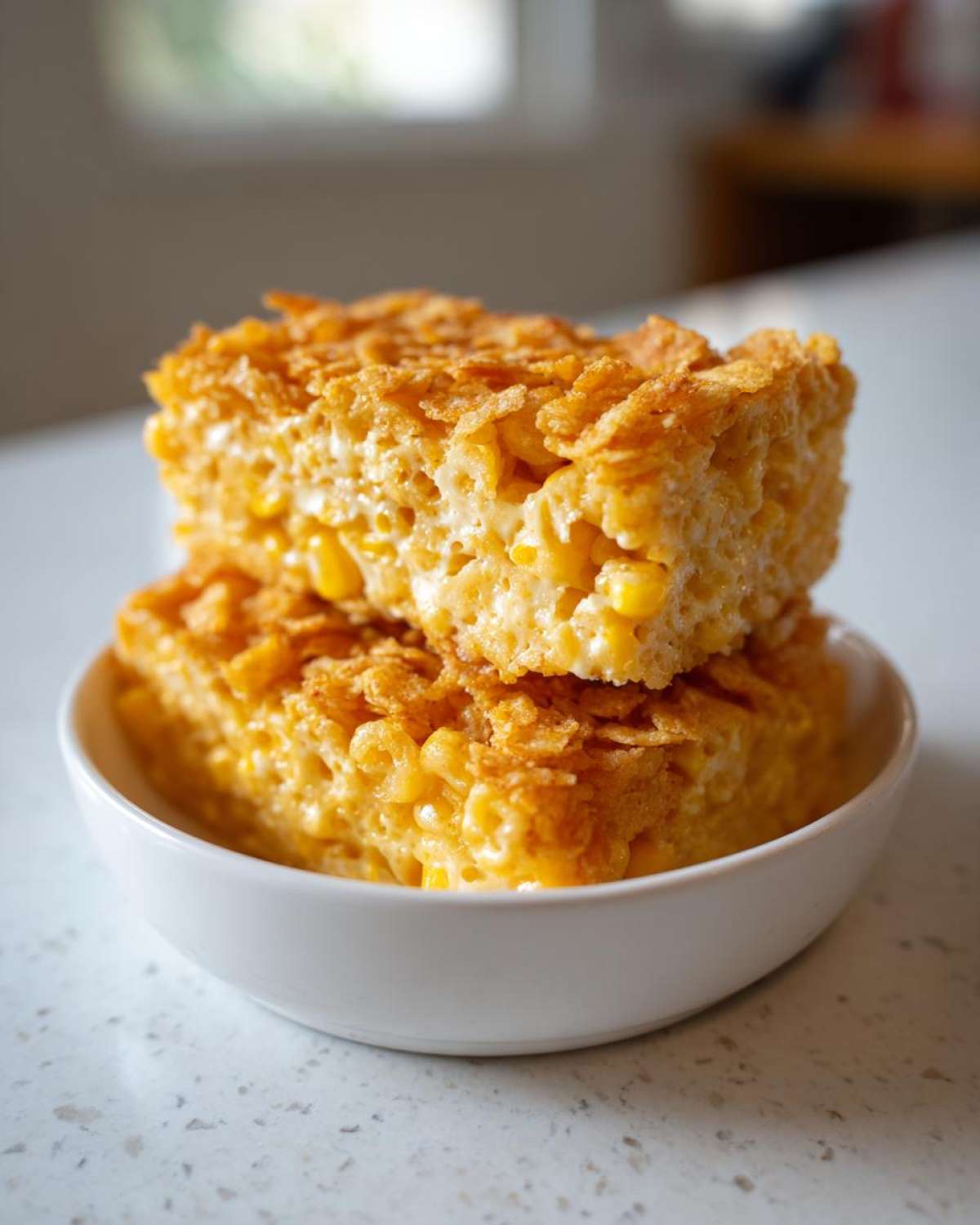 Two squares of baked cream cheese corn casserole, stacked in a small white bowl, showing corn kernels and a crispy topping.