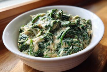 A white bowl filled with rich, green creamed spinach recipe, served on a wooden surface near a window.