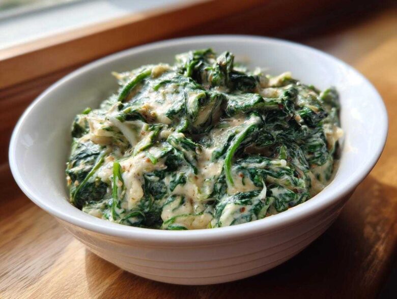 A white bowl filled with rich, green creamed spinach recipe, served on a wooden surface near a window.