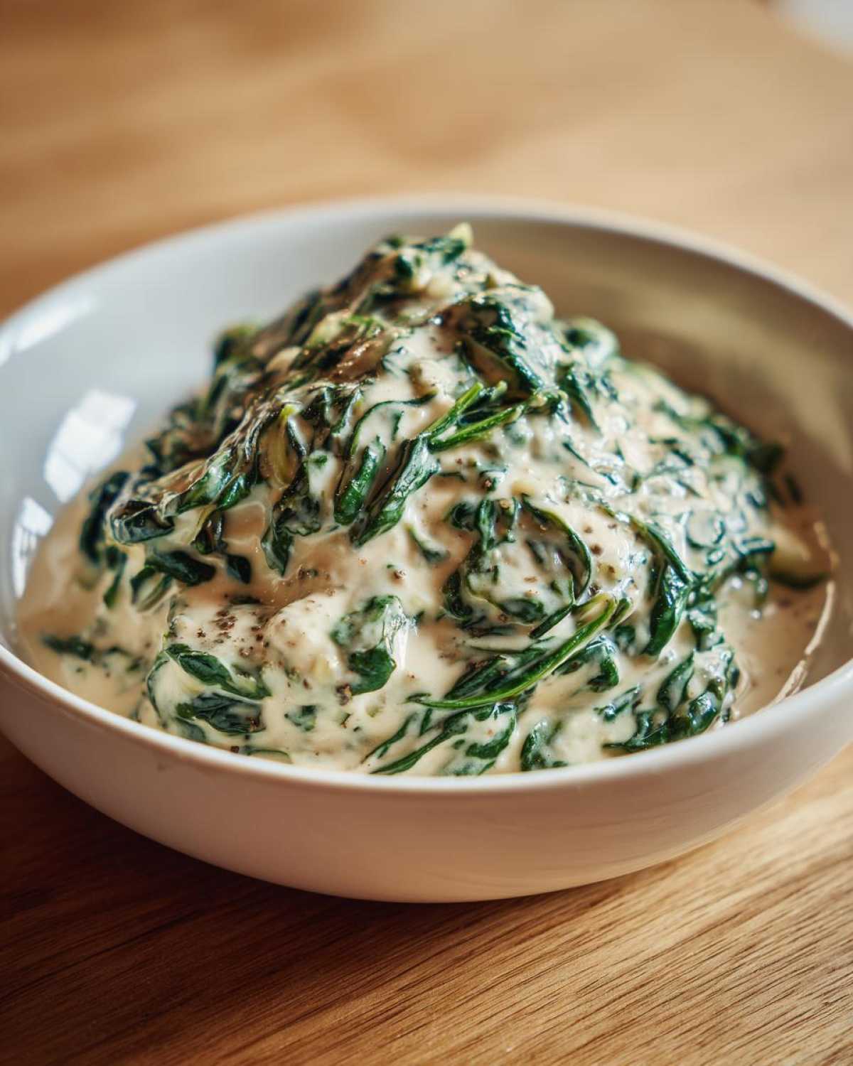 Close-up of rich creamed spinach recipe served mounded in a white bowl on a wooden surface.