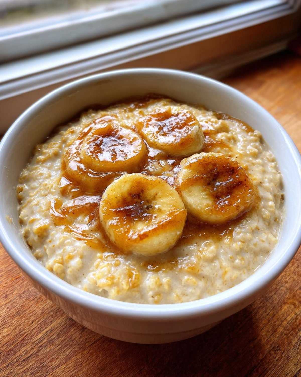 A close-up of creamy banana oatmeal topped with four caramelized banana slices and syrup.