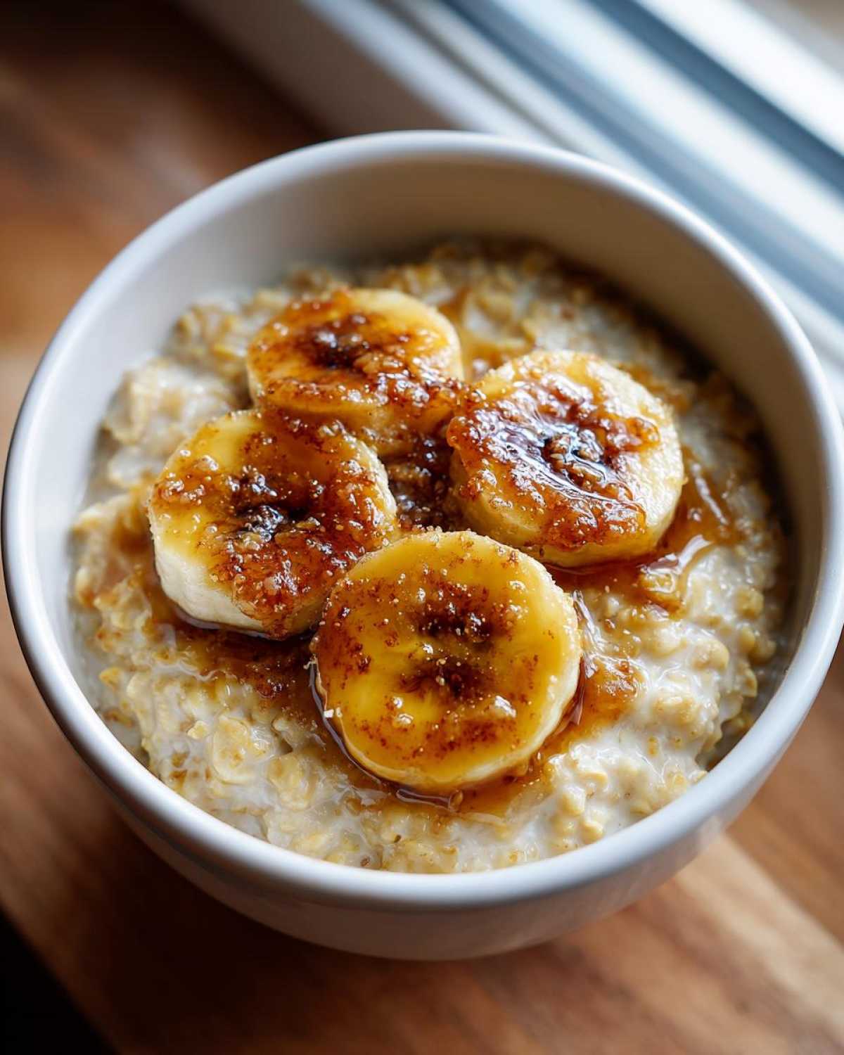 Close-up of creamy banana oatmeal topped with four slices of caramelized bananas and syrup.