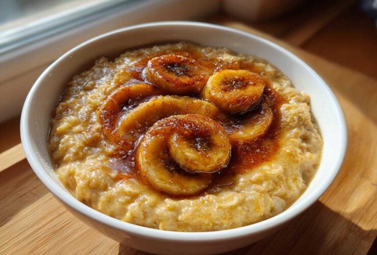 A close-up of creamy banana oatmeal topped with caramelized banana slices and cinnamon syrup.
