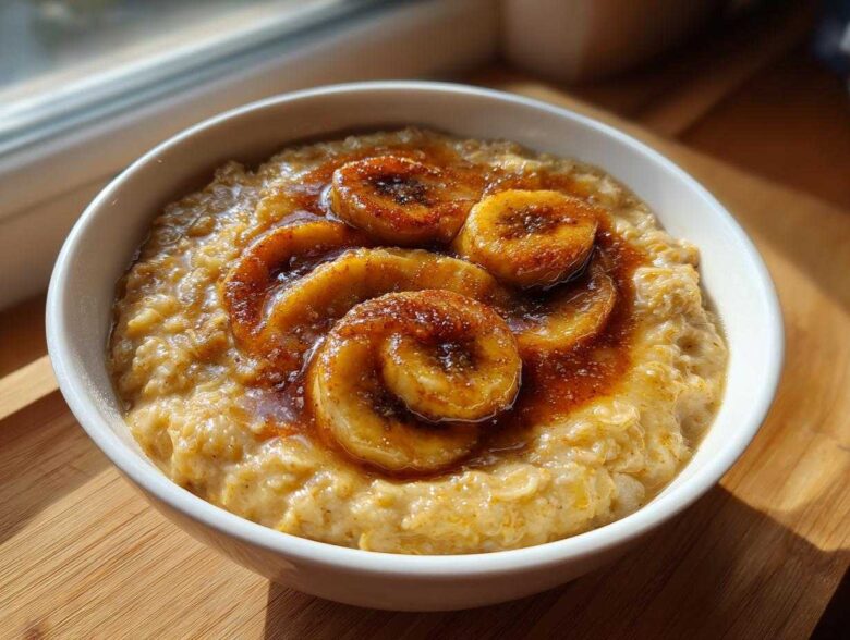 A close-up of creamy banana oatmeal topped with caramelized banana slices and cinnamon syrup.