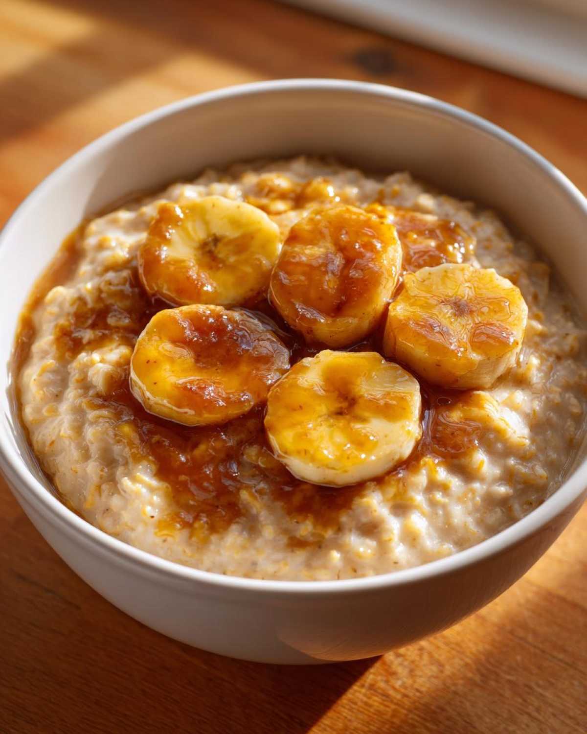 Close-up of creamy banana oatmeal topped with caramelized banana slices and syrup.