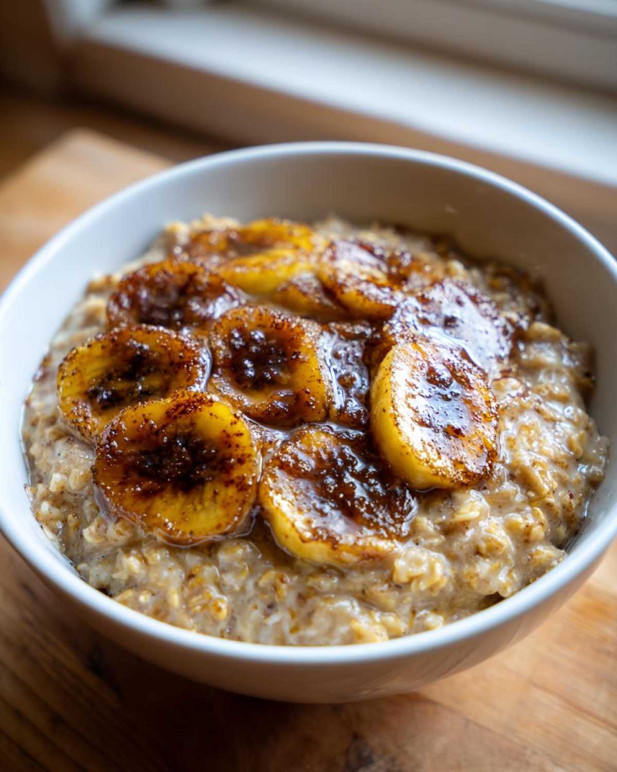 Close-up of creamy banana oatmeal topped with perfectly caramelized banana slices.