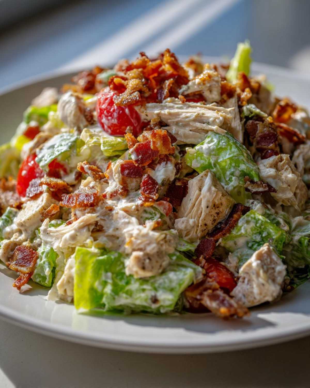 Close-up of a creamy blt chicken salad featuring chunks of chicken, crisp lettuce, tomatoes, and crispy bacon.