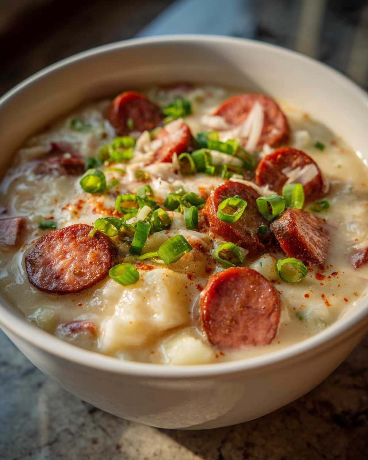 Close-up of a bowl of creamy Cajun potato soup topped with sliced smoked sausage and green onions.