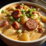 Close-up of a bowl of creamy Cajun potato soup featuring chunks of potato and thick slices of smoked sausage, garnished with green onions.