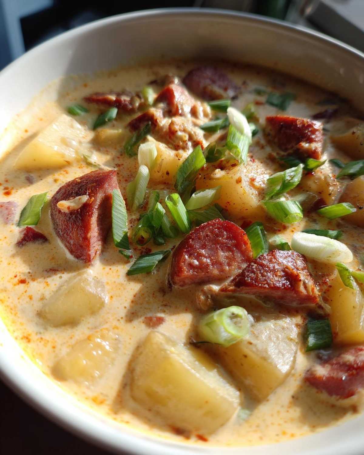 Close-up of a bowl of creamy Cajun potato soup featuring chunks of potato, sliced smoked sausage, and green onions.