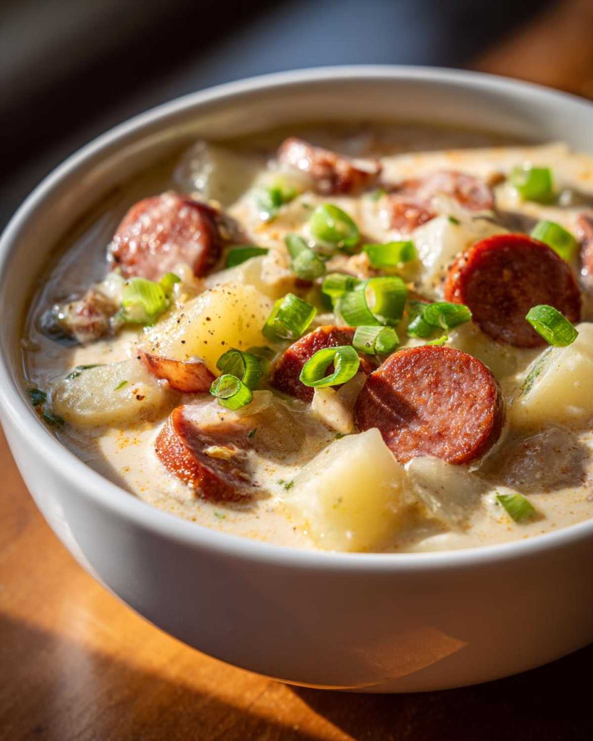 Close-up of a bowl of creamy Cajun potato soup topped with slices of smoked sausage and green onions.