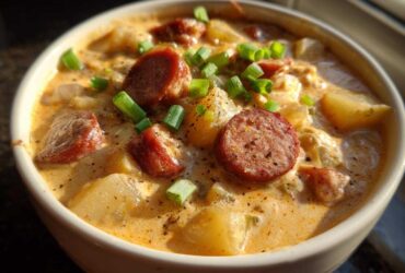 Close-up of a bowl of creamy Cajun potato soup featuring chunks of potato and thick slices of smoked sausage, garnished with green onions.
