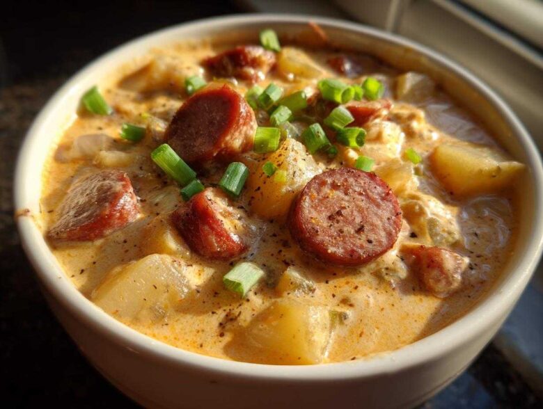 Close-up of a bowl of creamy Cajun potato soup featuring chunks of potato and thick slices of smoked sausage, garnished with green onions.