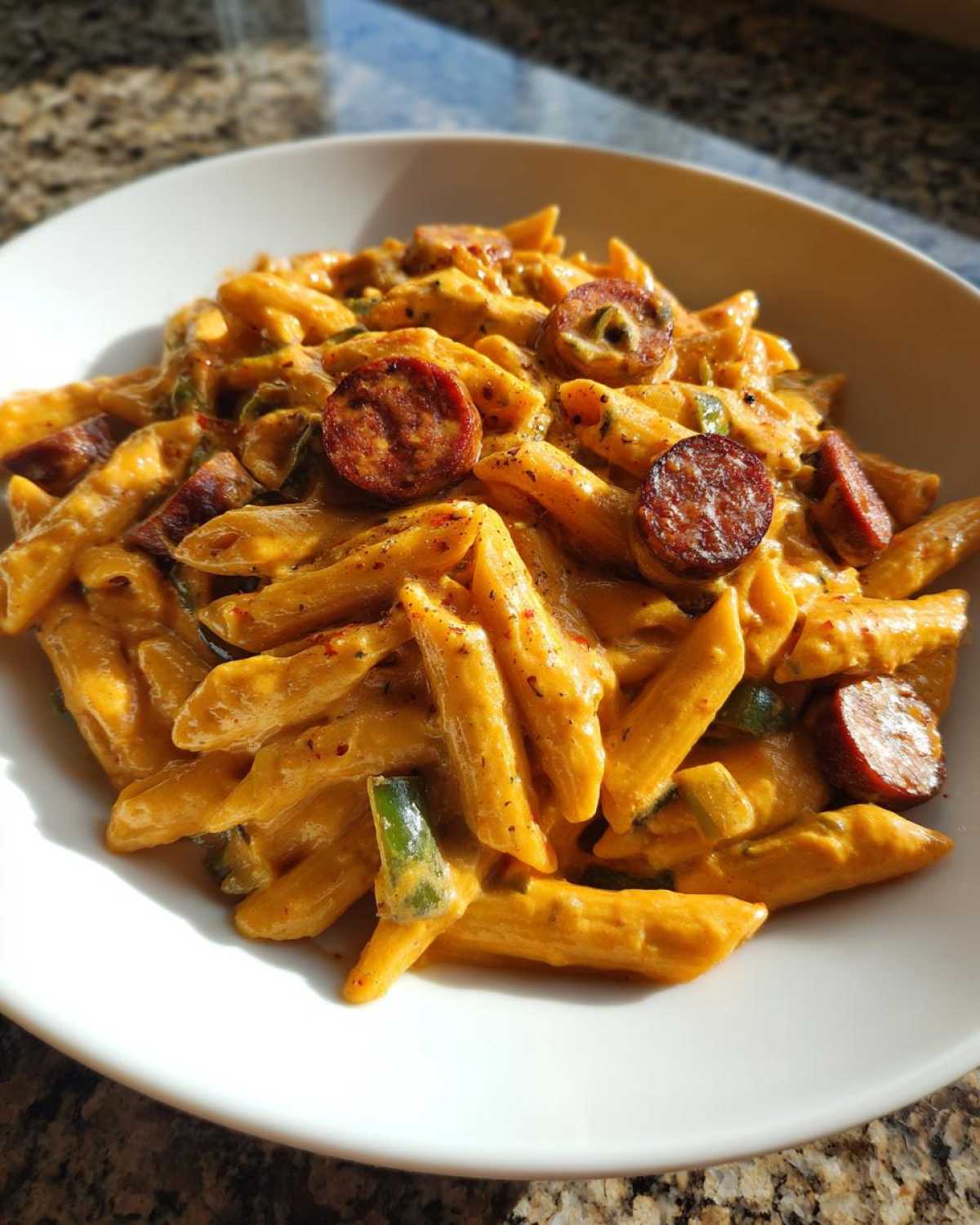 A close-up of creamy cajun sausage pasta featuring penne noodles, sliced smoked sausage, and green peppers in a rich orange sauce.