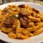 Close-up of creamy cajun sausage pasta made with penne, sliced sausage, and green peppers in a white bowl.
