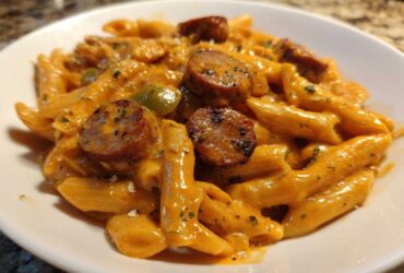 Close-up of creamy cajun sausage pasta made with penne, sliced sausage, and green peppers in a white bowl.
