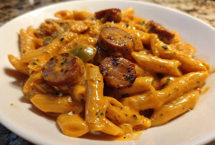 Close-up of creamy cajun sausage pasta made with penne, sliced sausage, and green peppers in a white bowl.