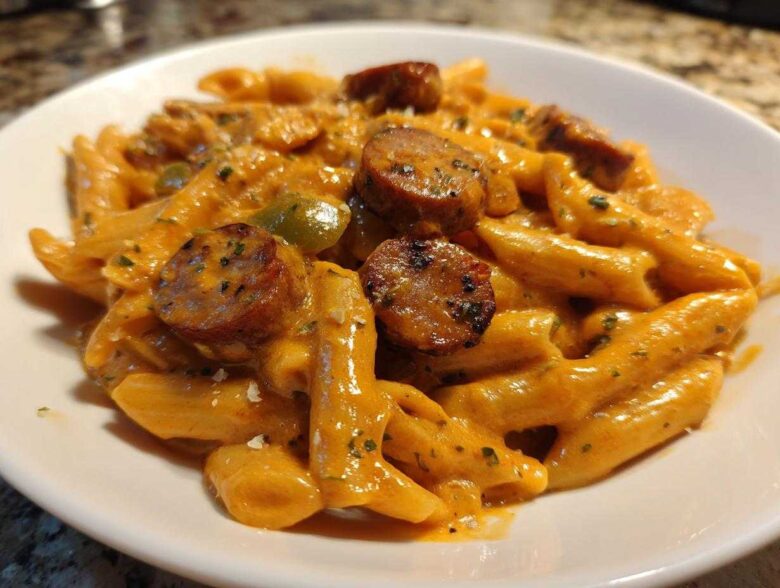 Close-up of creamy cajun sausage pasta made with penne, sliced sausage, and green peppers in a white bowl.