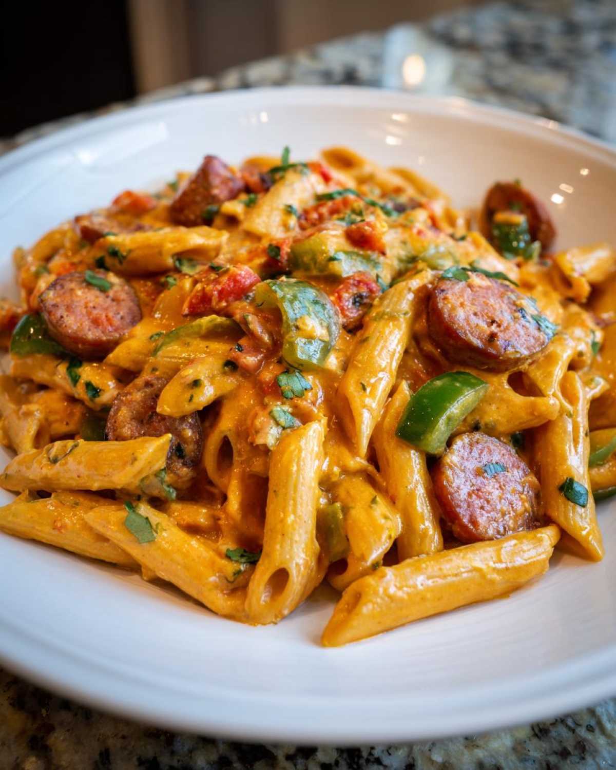 Close-up of a bowl of creamy cajun sausage pasta featuring penne, sliced smoked sausage, and green peppers.