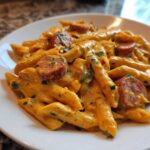 Close-up of creamy cajun sausage pasta featuring penne coated in an orange sauce with sliced sausage and green herbs.