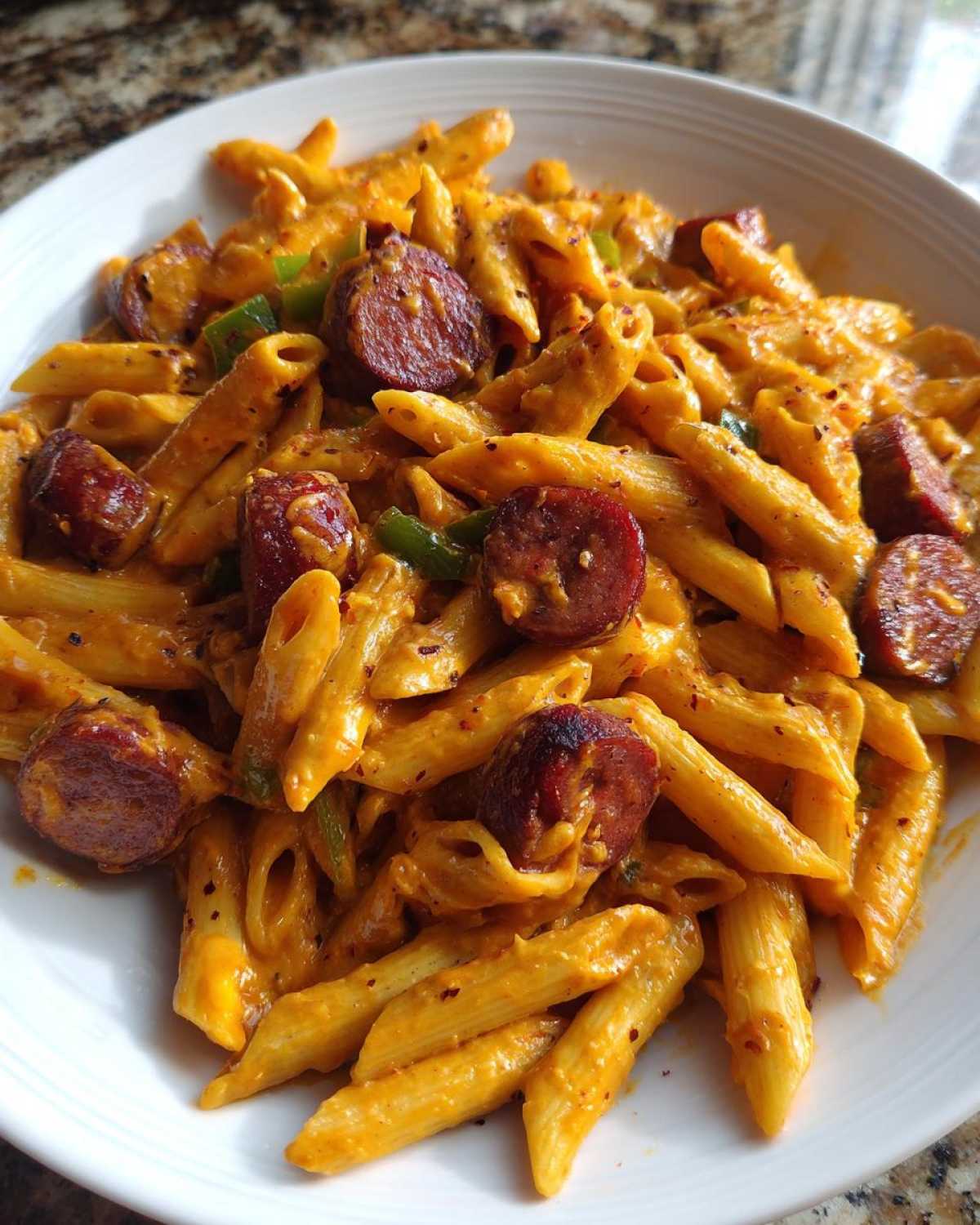 Close-up of creamy cajun sausage pasta featuring penne noodles, sliced smoked sausage, and green peppers in a white bowl.