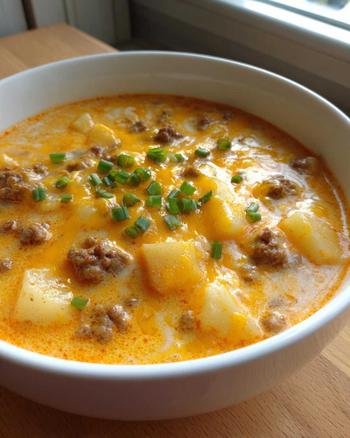 A close-up of a bowl of creamy cheeseburger soup topped with melted cheddar, ground beef, and fresh green chives.
