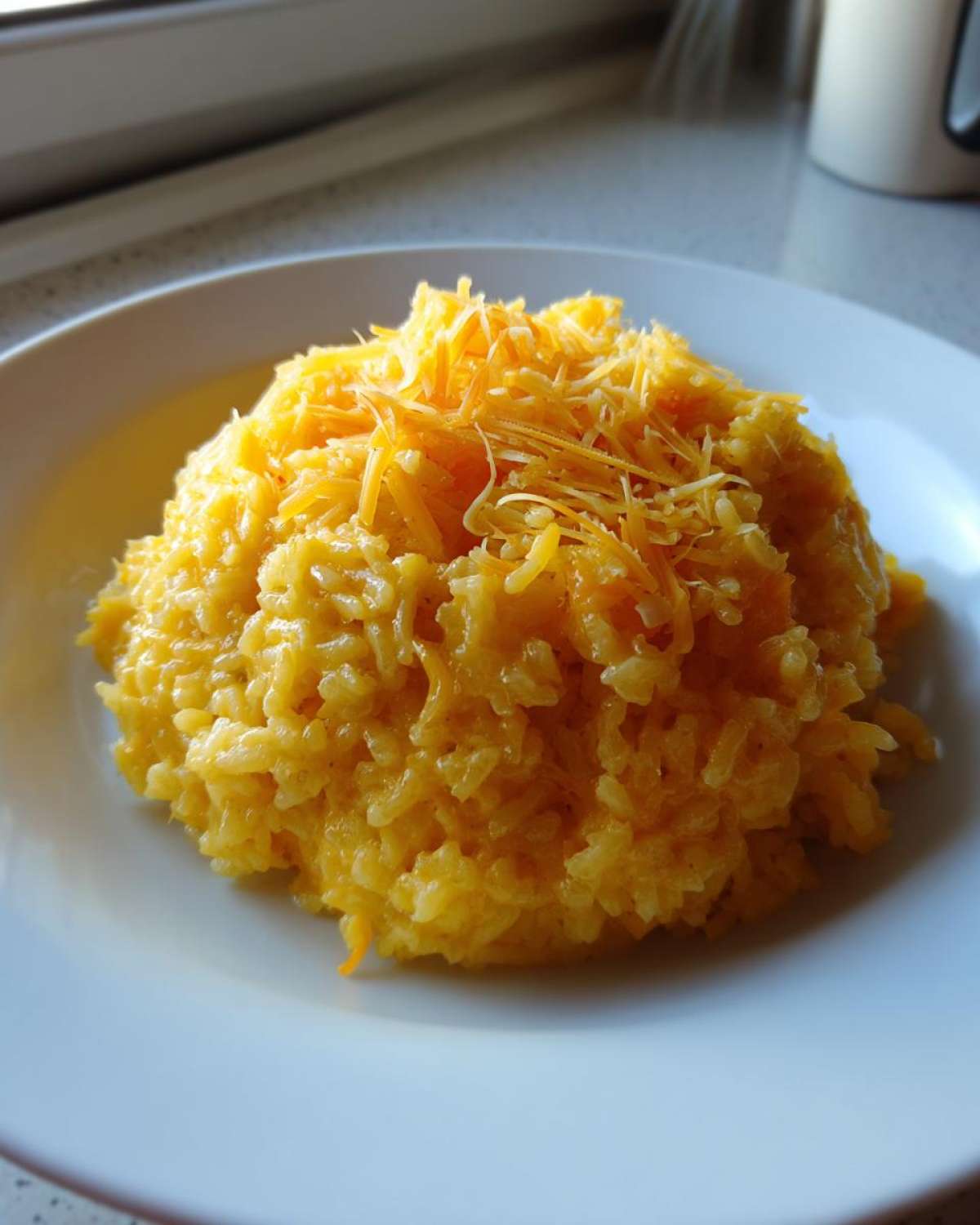 A mound of creamy, bright yellow cheesy rice topped with shredded cheddar cheese on a white plate.