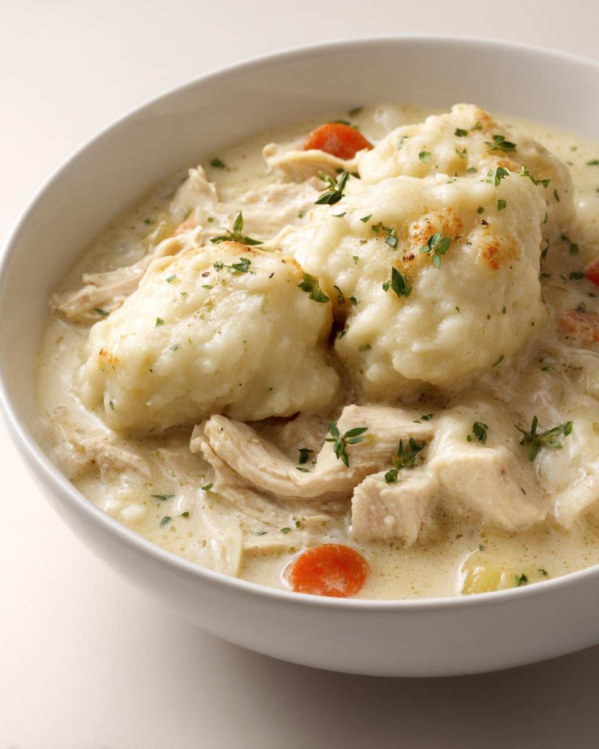Close-up of a white bowl filled with creamy chicken and dumplings, garnished with fresh thyme.