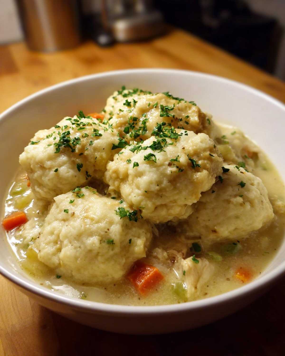 A close-up of a white bowl filled with creamy chicken and dumplings, topped with fresh parsley.