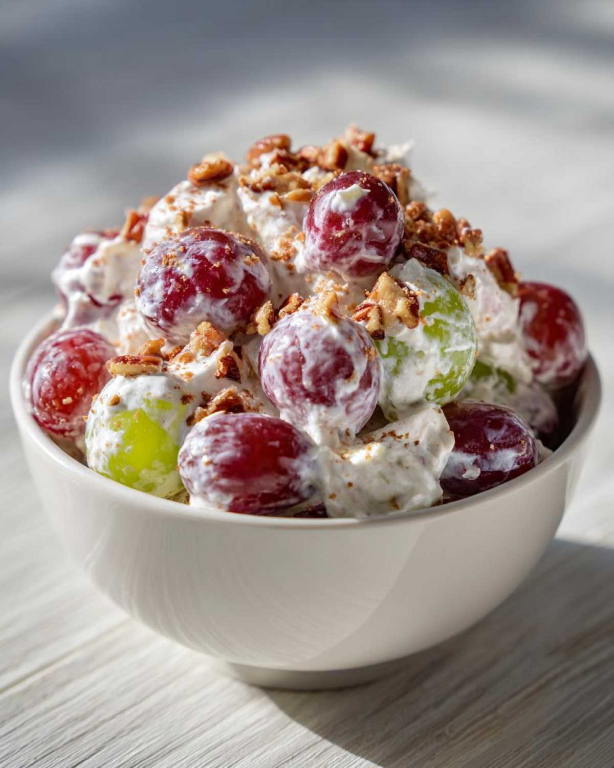 Close-up of creamy chicken salad chick grape salad topped with pecans in a white bowl.