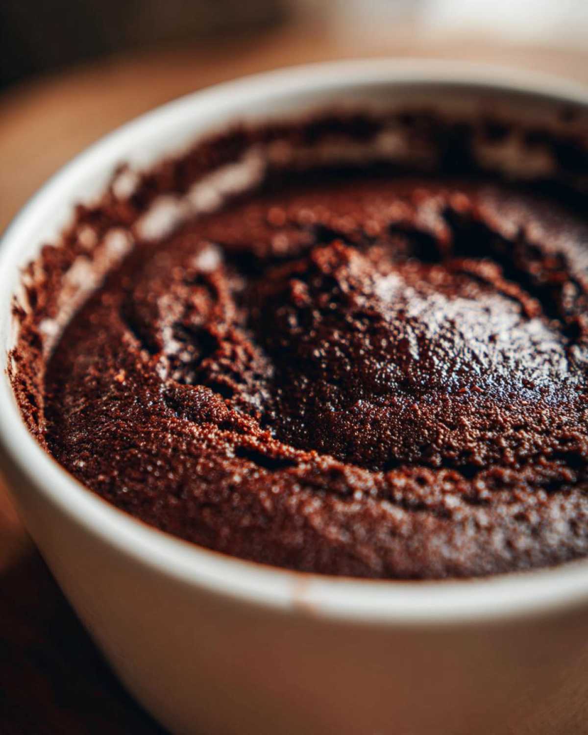 A close-up, dark, and rich view of freshly made chocolate pudding in a white ramekin.