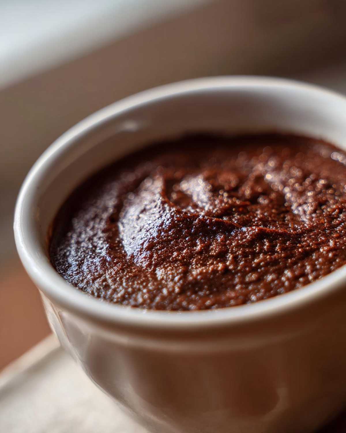 A close-up, richly textured view of homemade chocolate pudding served in a small white ramekin.