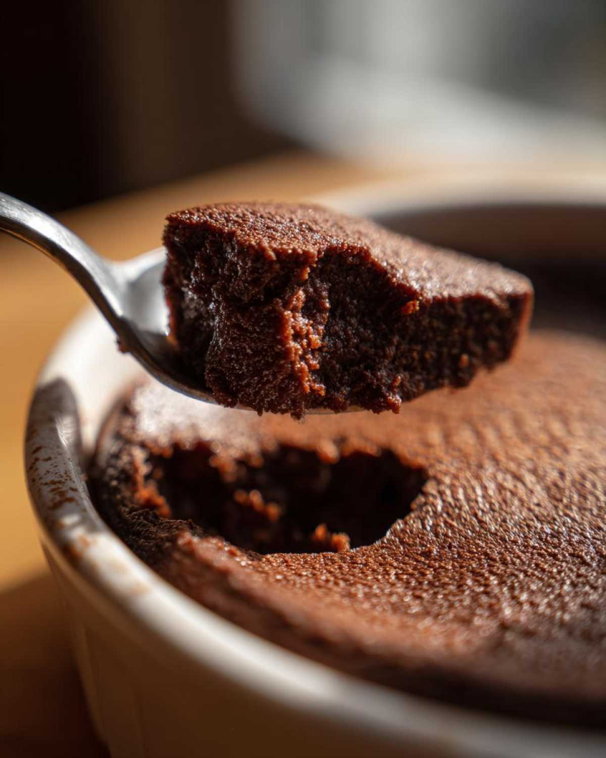 A spoonful of rich, dark chocolate pudding being lifted from a white ramekin, showing its creamy texture.