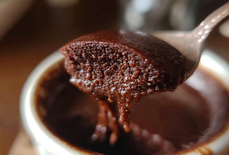 A spoonful of rich, creamy chocolate pudding being lifted from a small white ramekin.