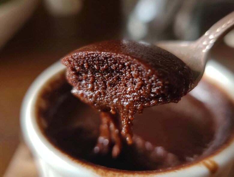 A spoonful of rich, creamy chocolate pudding being lifted from a small white ramekin.