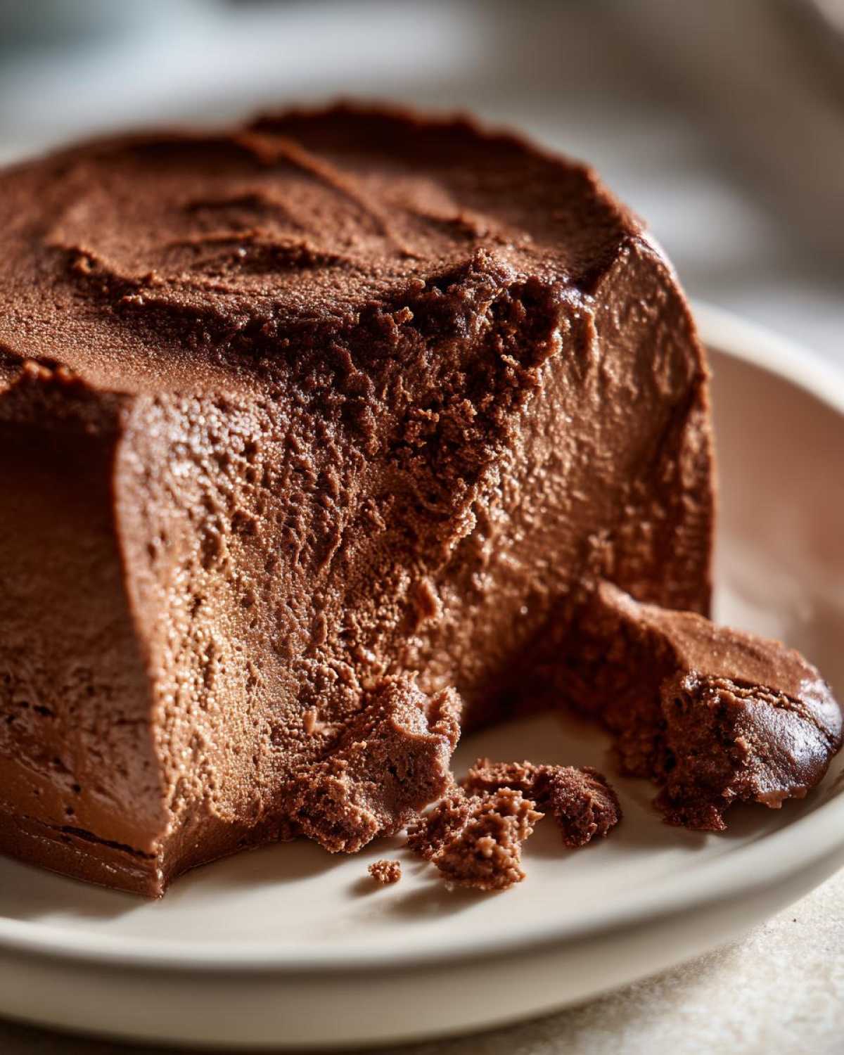A close-up, rich view of the texture of homemade chocolate pudding, slightly broken on a plate.