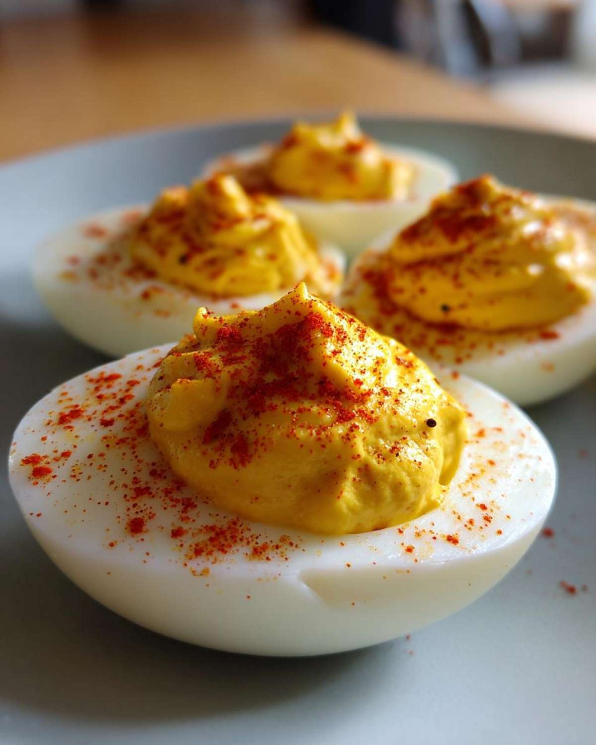 Close-up of creamy classic deviled eggs, piped high and dusted with bright red paprika.