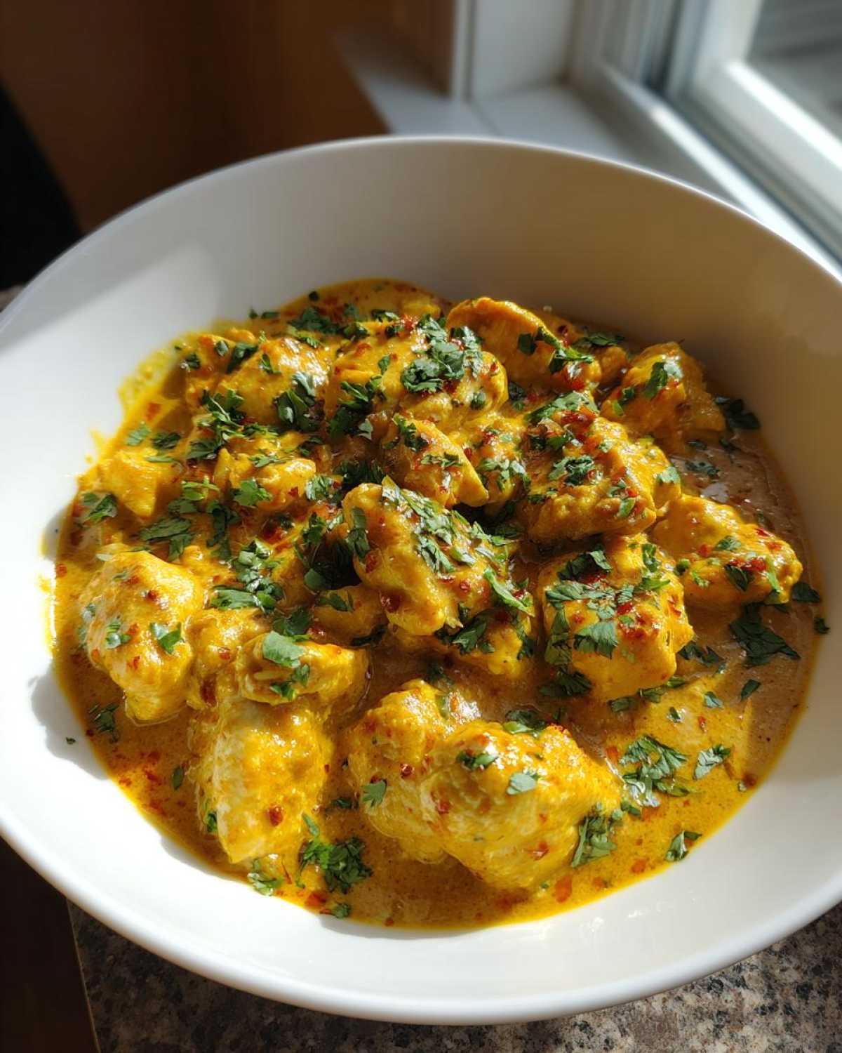 Close-up of tender pieces of coconut chicken in a rich, yellow curry sauce, garnished with fresh cilantro.