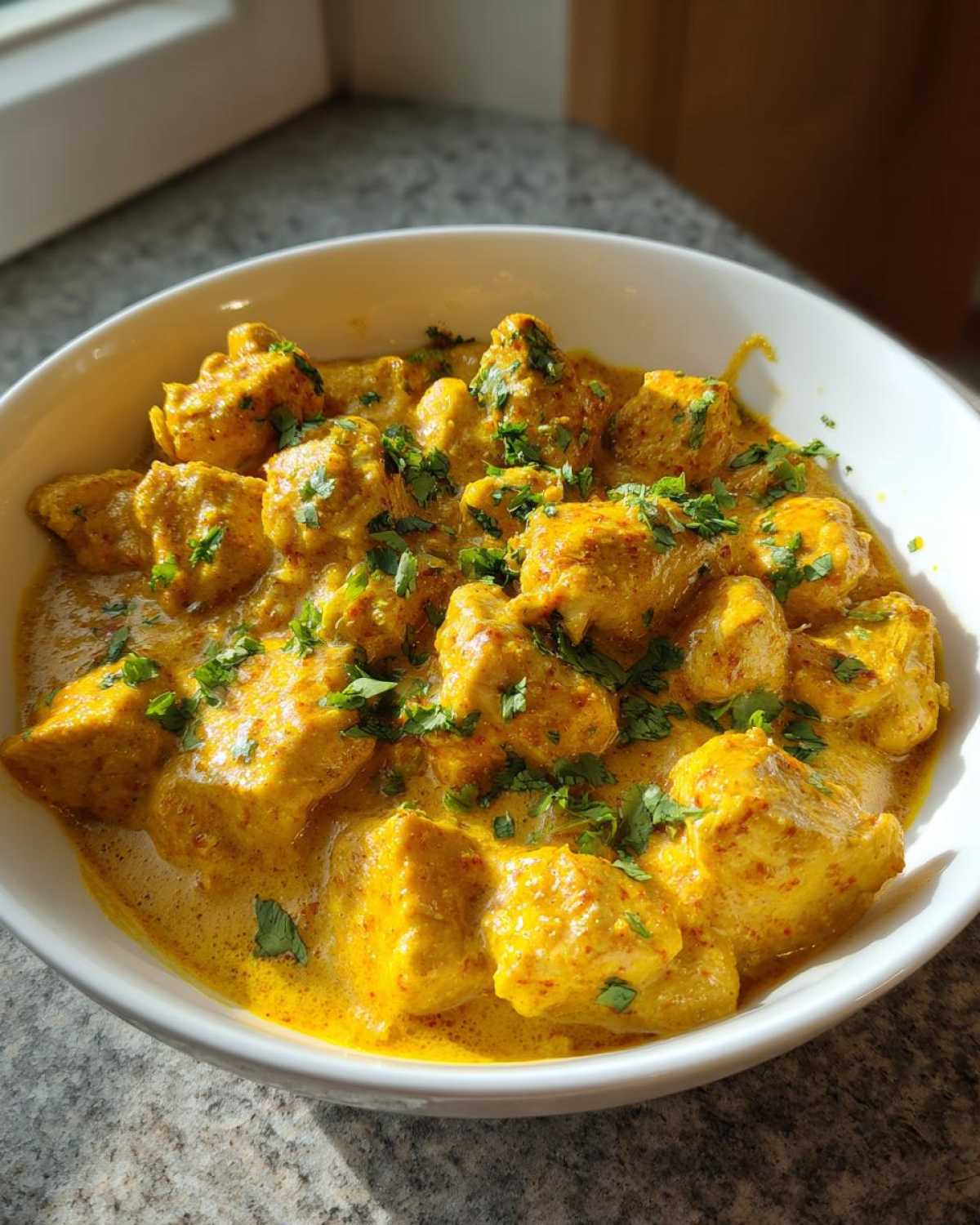 Close-up of tender chunks of coconut chicken in a rich, yellow, creamy sauce, garnished with fresh cilantro.