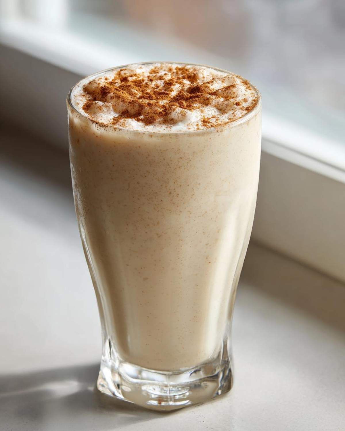 A tall glass filled with creamy, light-colored coquito, topped with a dusting of cinnamon.