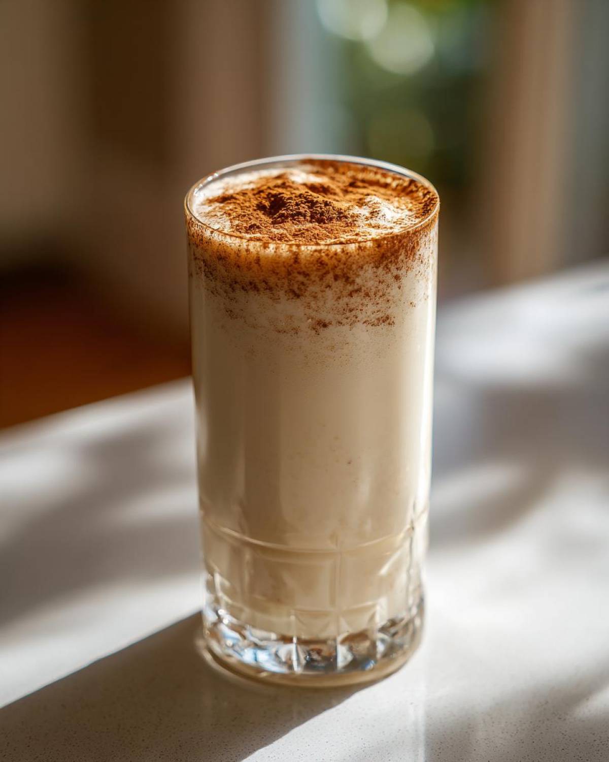 A tall glass filled with creamy coquito, heavily dusted with ground cinnamon on top.