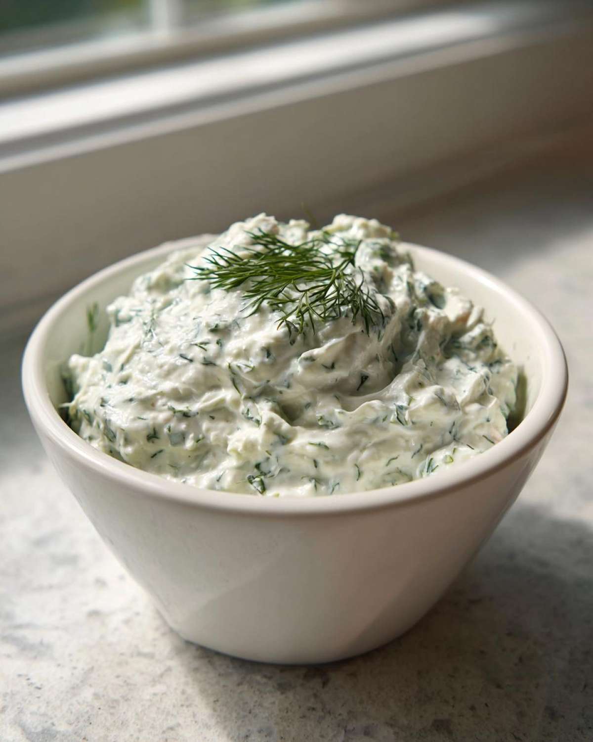 A close-up of creamy homemade dill dip, generously mixed with fresh herbs and topped with a sprig of dill.