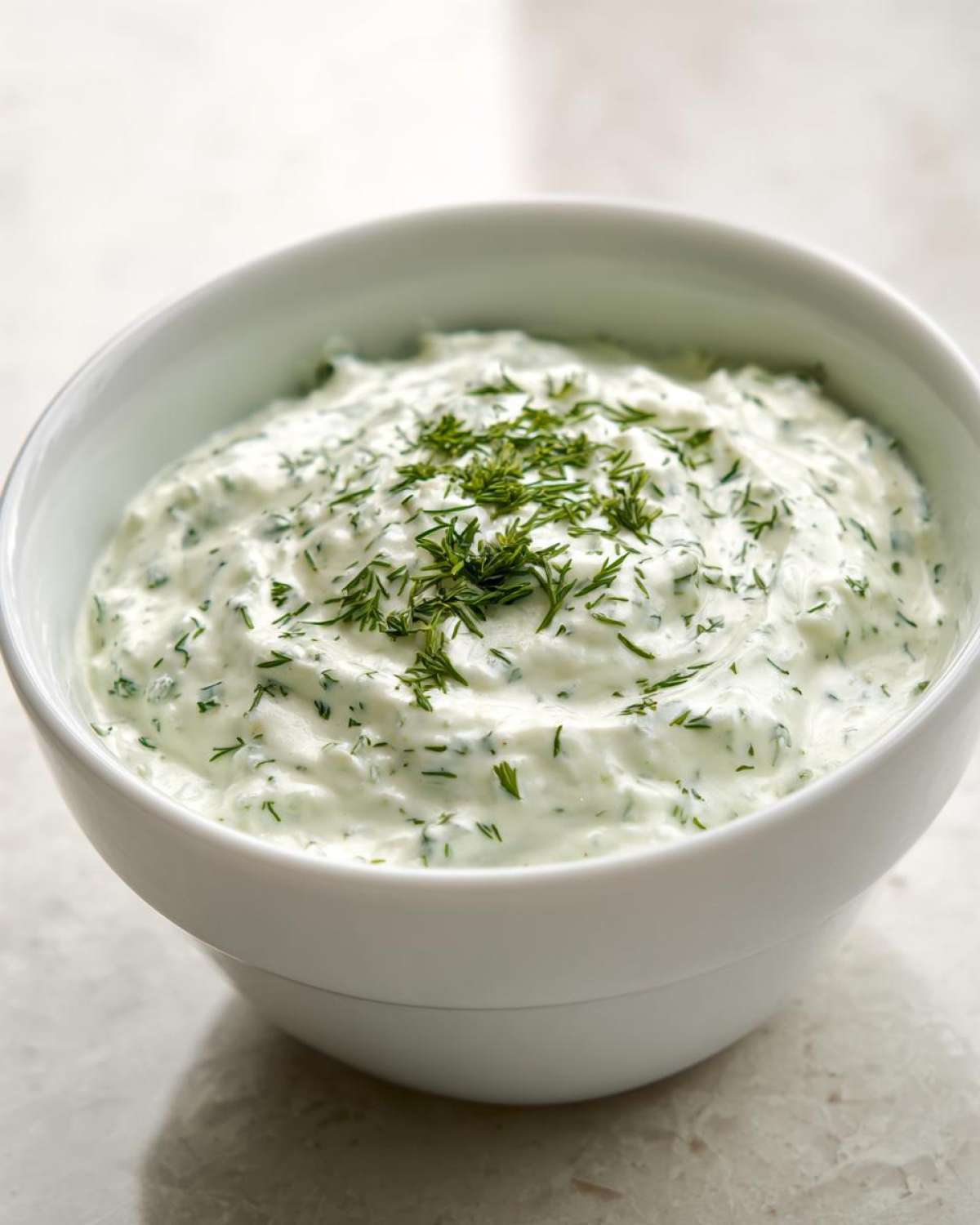 A close-up of creamy, fresh dill dip garnished with chopped dill in a white serving bowl.