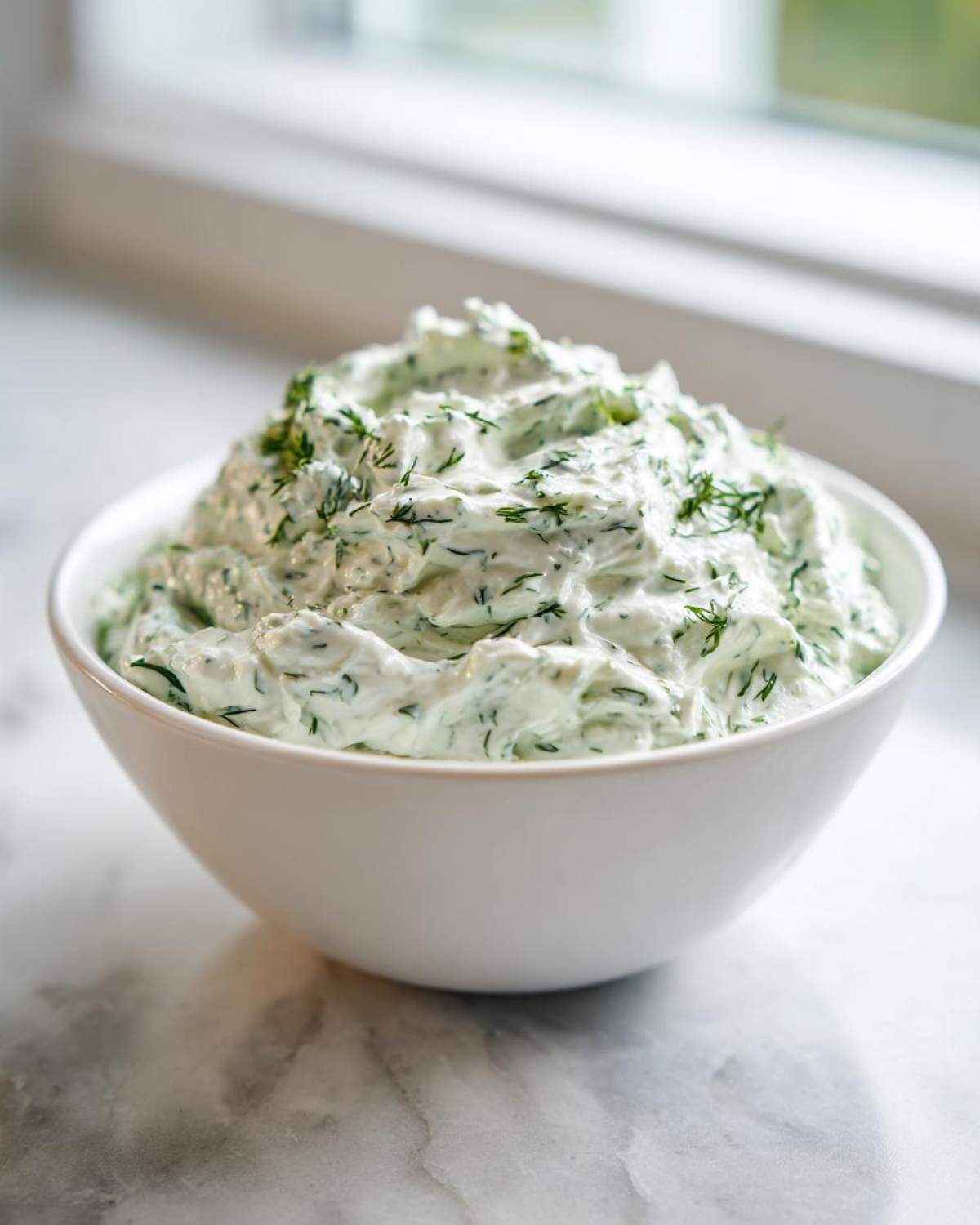 A close-up of a white bowl filled with creamy, bright green dill dip, garnished generously with fresh dill.