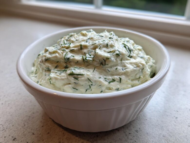 Close-up of a creamy, white dill dip generously mixed with fresh green dill, served in a small white bowl.