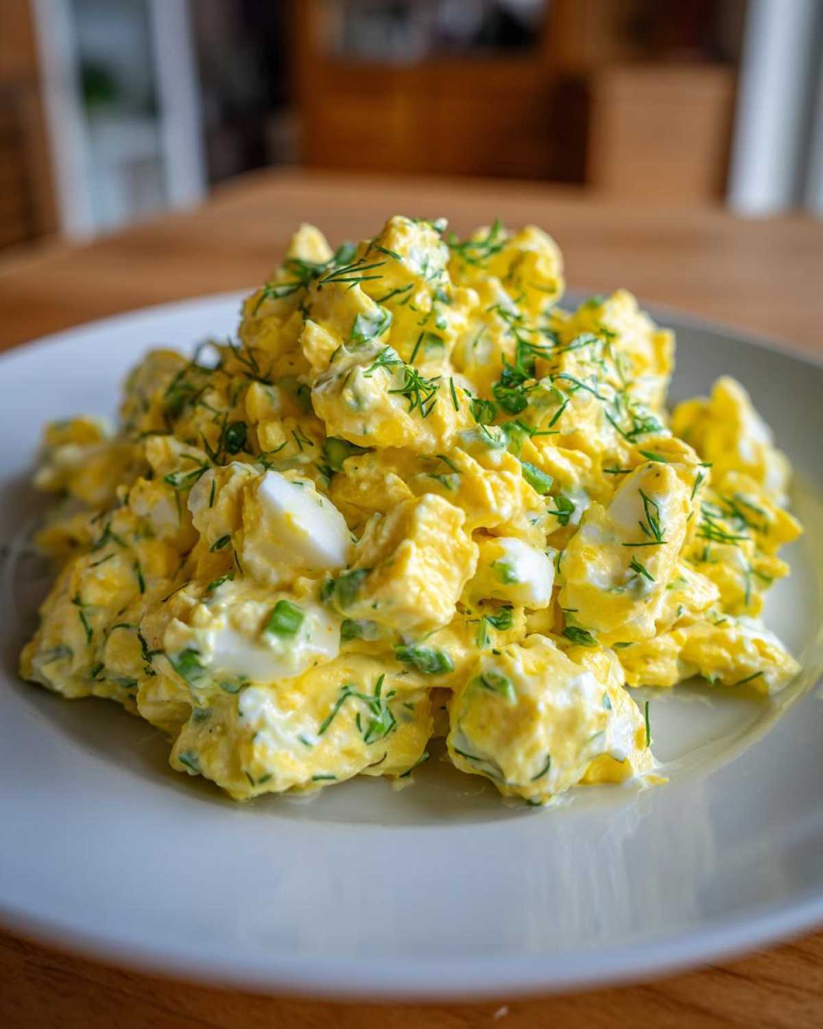 A generous serving of creamy egg salad recipe, mixed with green onions and topped with fresh dill, on a white plate.