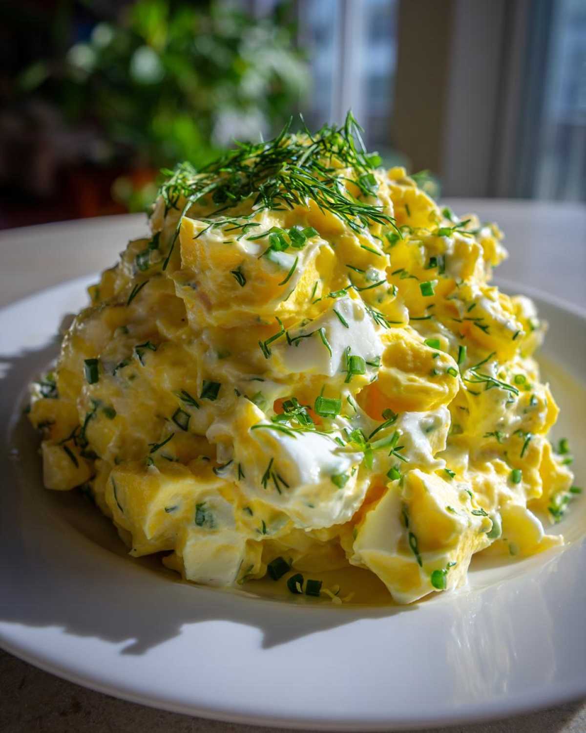 A generous mound of creamy egg salad recipe mixed with visible chunks of egg white, topped with fresh dill and chives.